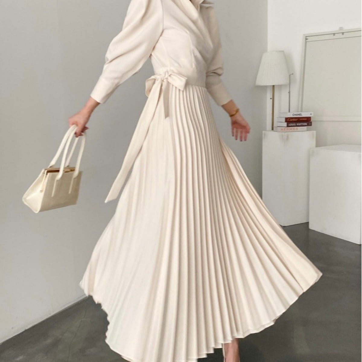 Lapel Bow Tie Waist Dress | Skinny Bubble Sleeve Pleated Midi Dress. (MA240) - Mariam's Collection