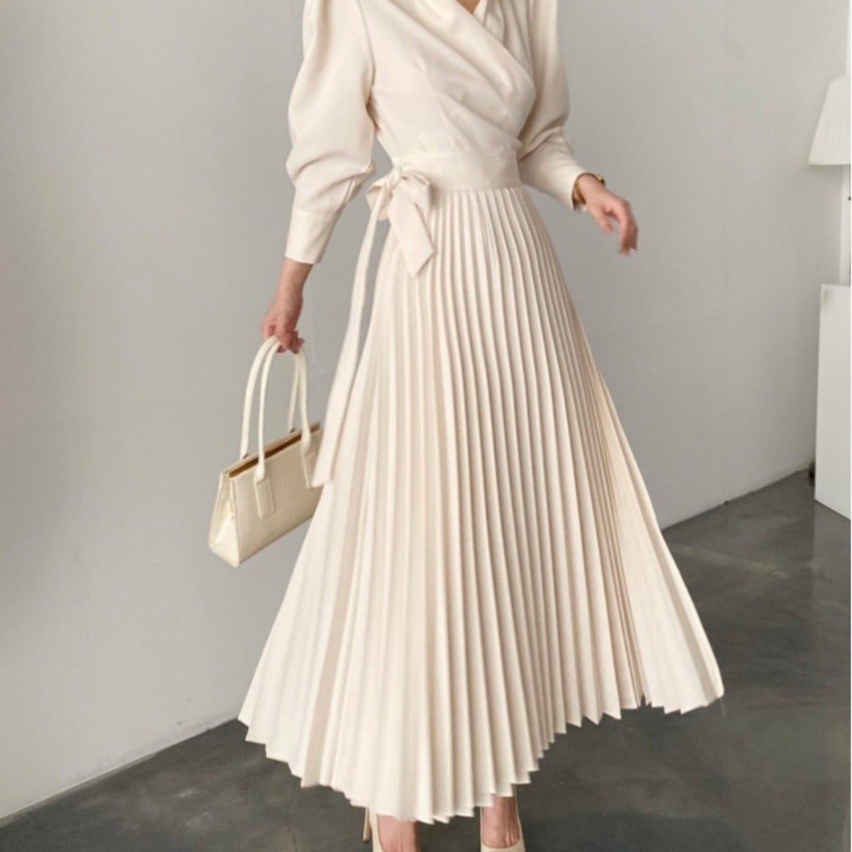 Lapel Bow Tie Waist Dress | Skinny Bubble Sleeve Pleated Midi Dress. (MA240) - Mariam's Collection