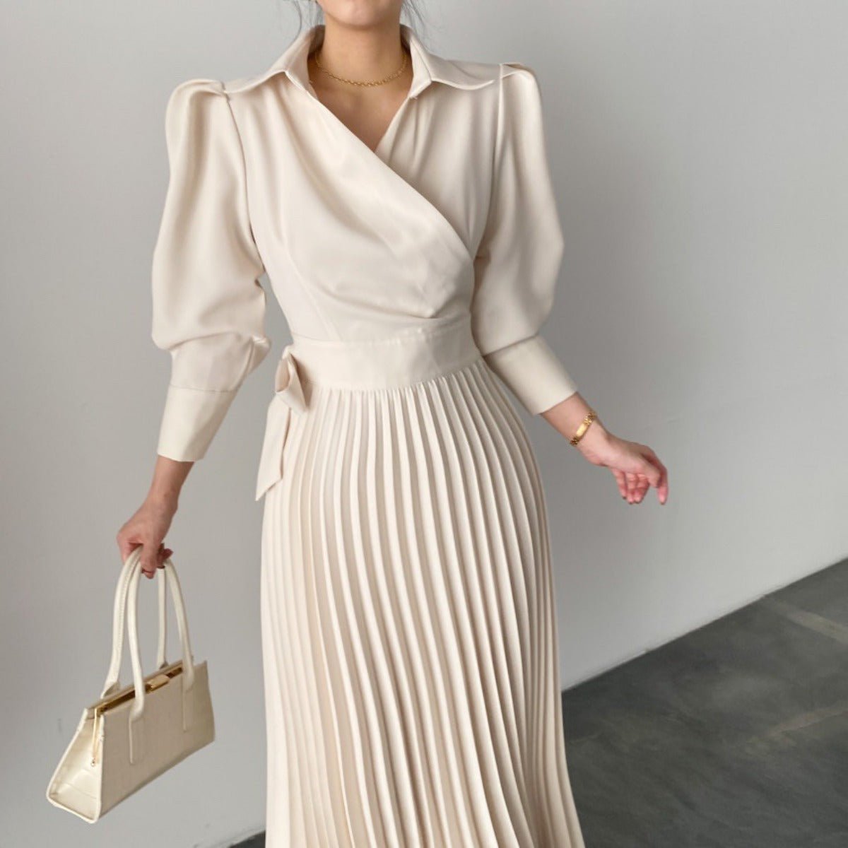 Lapel Bow Tie Waist Dress | Skinny Bubble Sleeve Pleated Midi Dress. (MA240) - Mariam's Collection