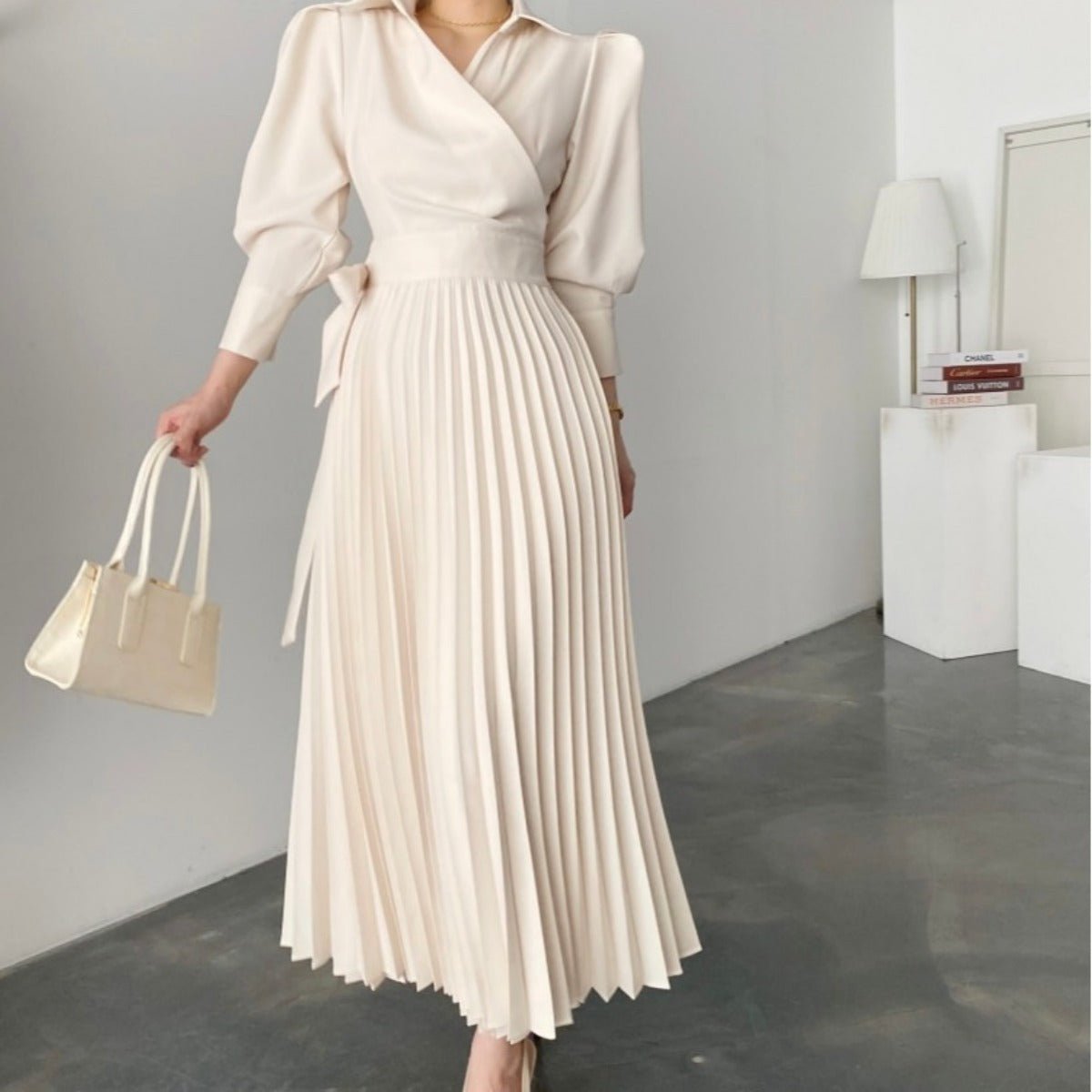 Lapel Bow Tie Waist Dress | Skinny Bubble Sleeve Pleated Midi Dress. (MA240) - Mariam's Collection