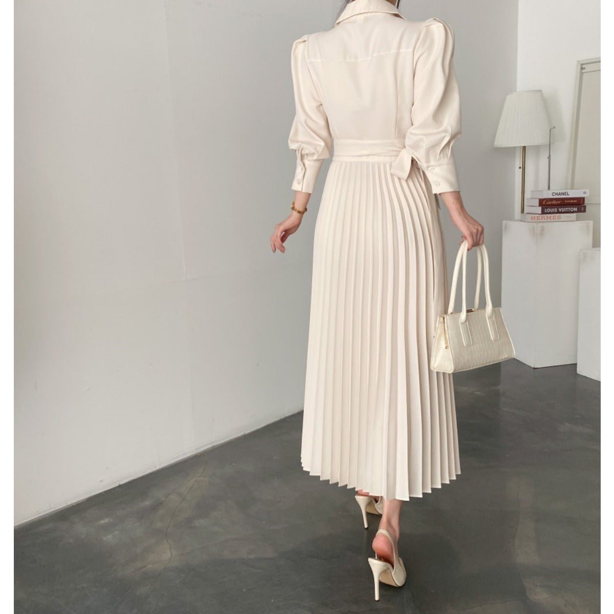 Lapel Bow Tie Waist Dress | Skinny Bubble Sleeve Pleated Midi Dress. (MA240) - Mariam's Collection