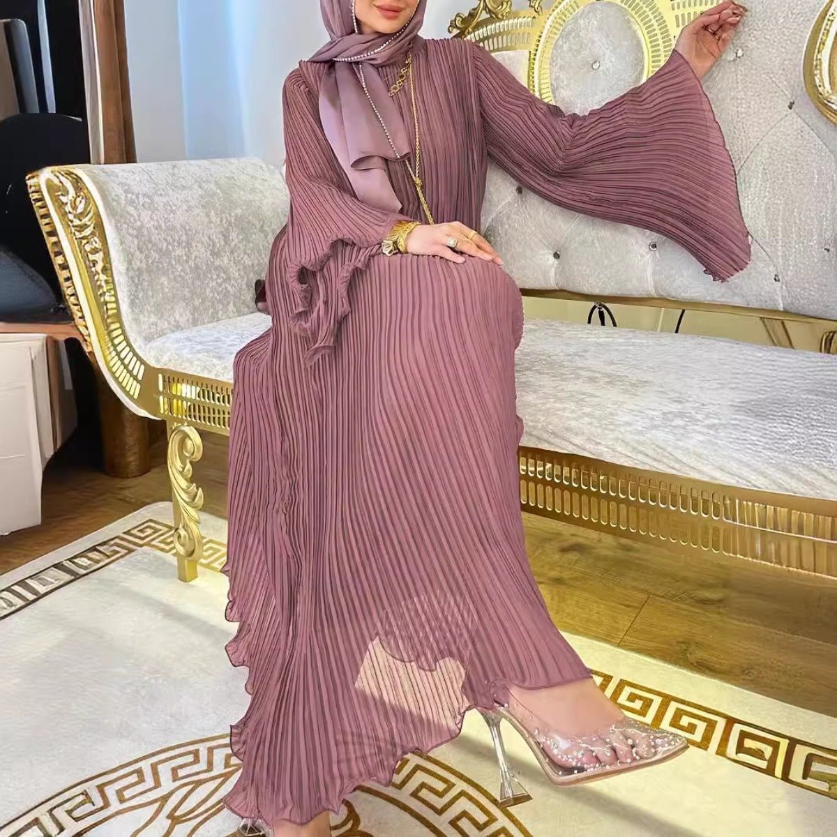 Lavender Dream Pleated Abaya | Modest Bell Sleeve Maxi Dress. (MA263) - Mariam's Collection