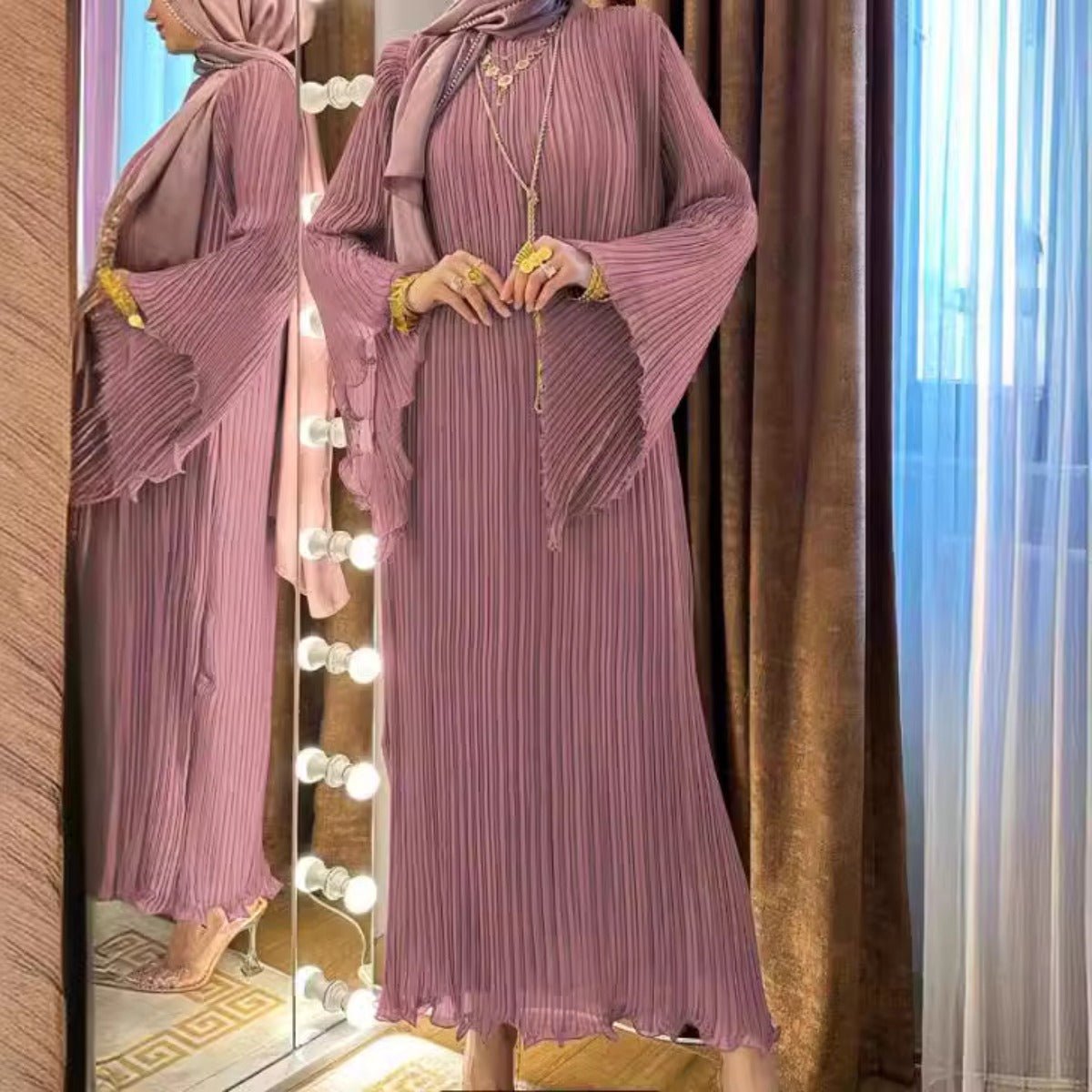 Lavender Dream Pleated Abaya | Modest Bell Sleeve Maxi Dress. (MA263) - Mariam's Collection