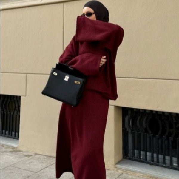 Lazy Style Knit Sweater & Skirt Set | High Neck Wide Sleeve Top & Elastic Waist Skirt(MS140) - Mariam's Collection
