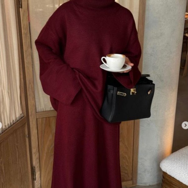Lazy Style Knit Sweater & Skirt Set | High Neck Wide Sleeve Top & Elastic Waist Skirt(MS140) - Mariam's Collection