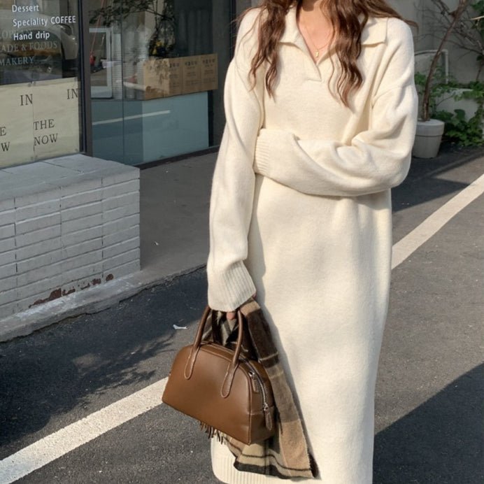 Lazy Style Polo Collar Knit Maxi Dress | Thick Sweater Base Layer Dress(MS157) - Mariam's Collection