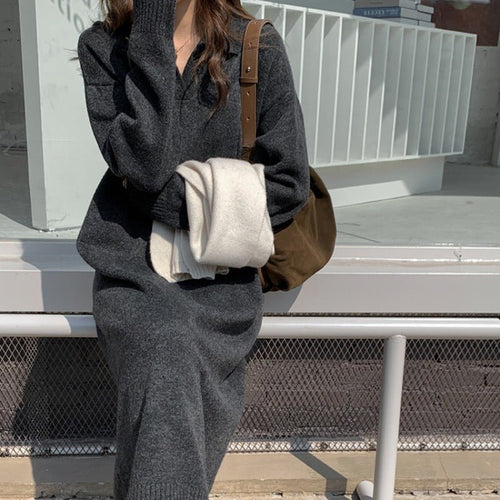 Lazy Style Polo Collar Knit Maxi Dress