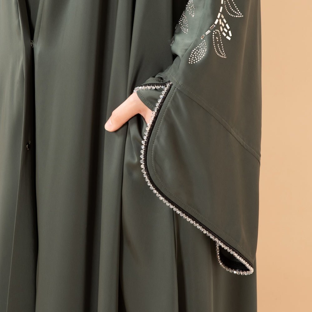 Leaf Embellishment Satin 3 - Piece Abaya Set for Eid (MOA244) - Mariam's Collection