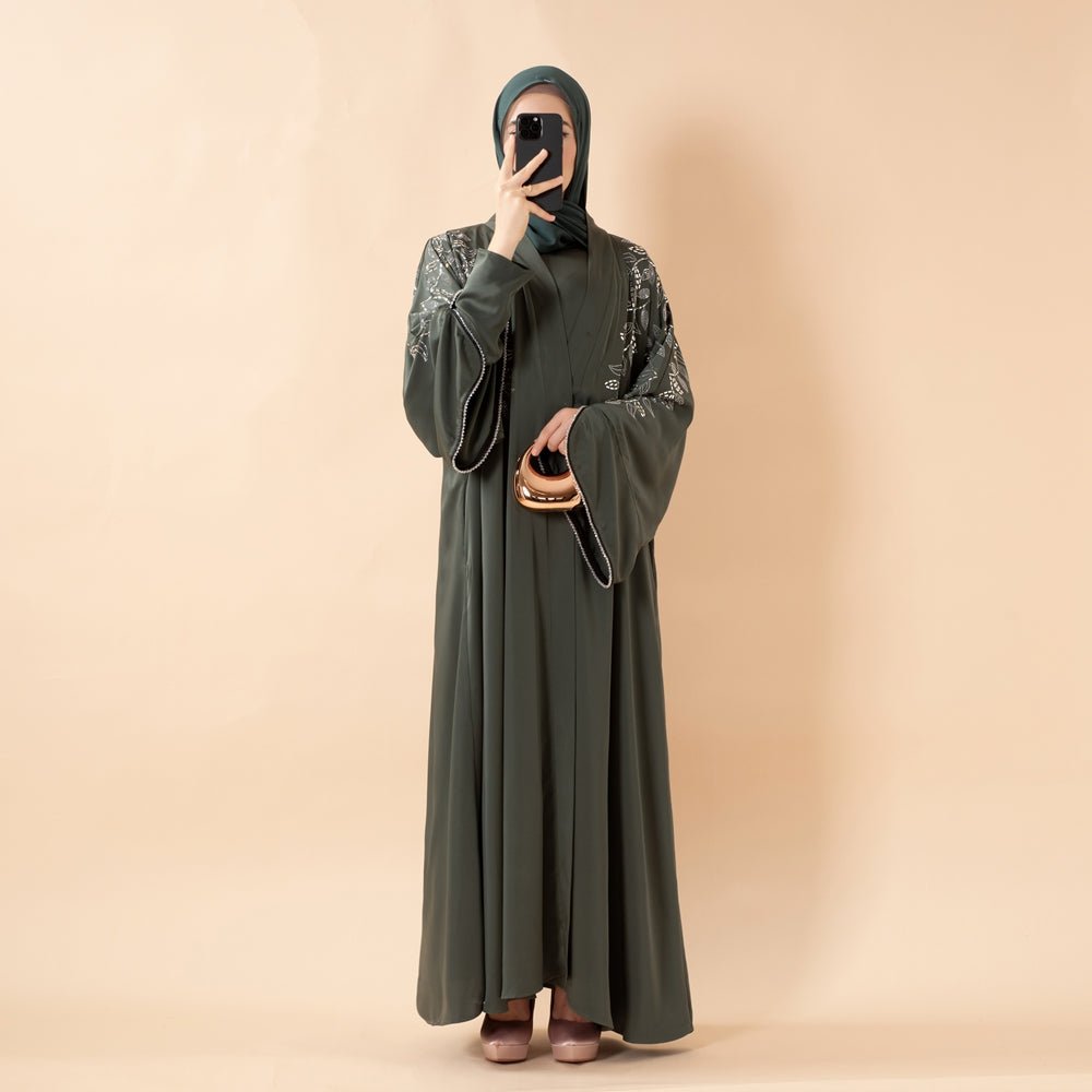 Leaf Embellishment Satin 3 - Piece Abaya Set for Eid (MOA244) - Mariam's Collection