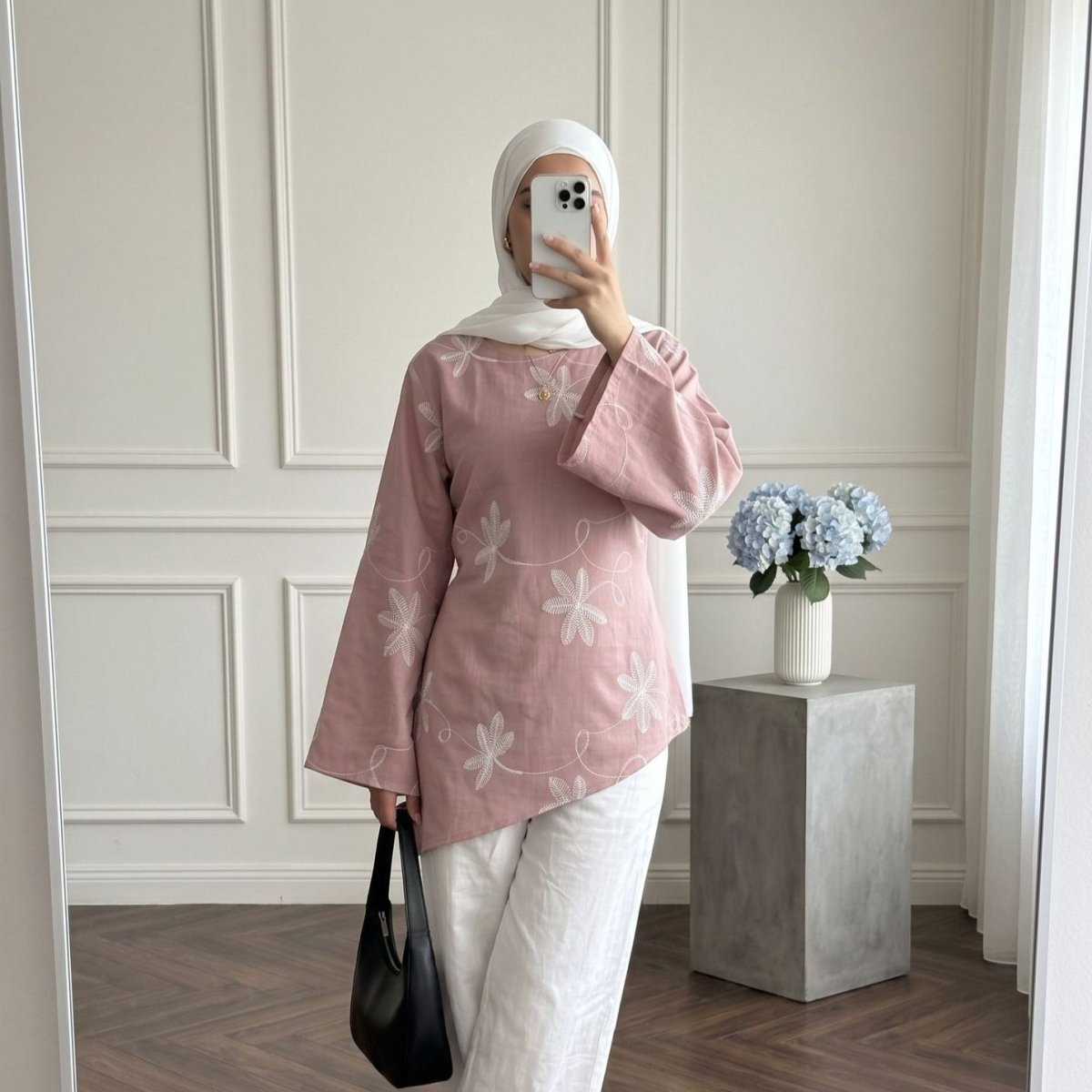 Leaf & Floral Embroidered Flared-Sleeve Asymmetric Hem Top(MS485) - Mariam's Collection