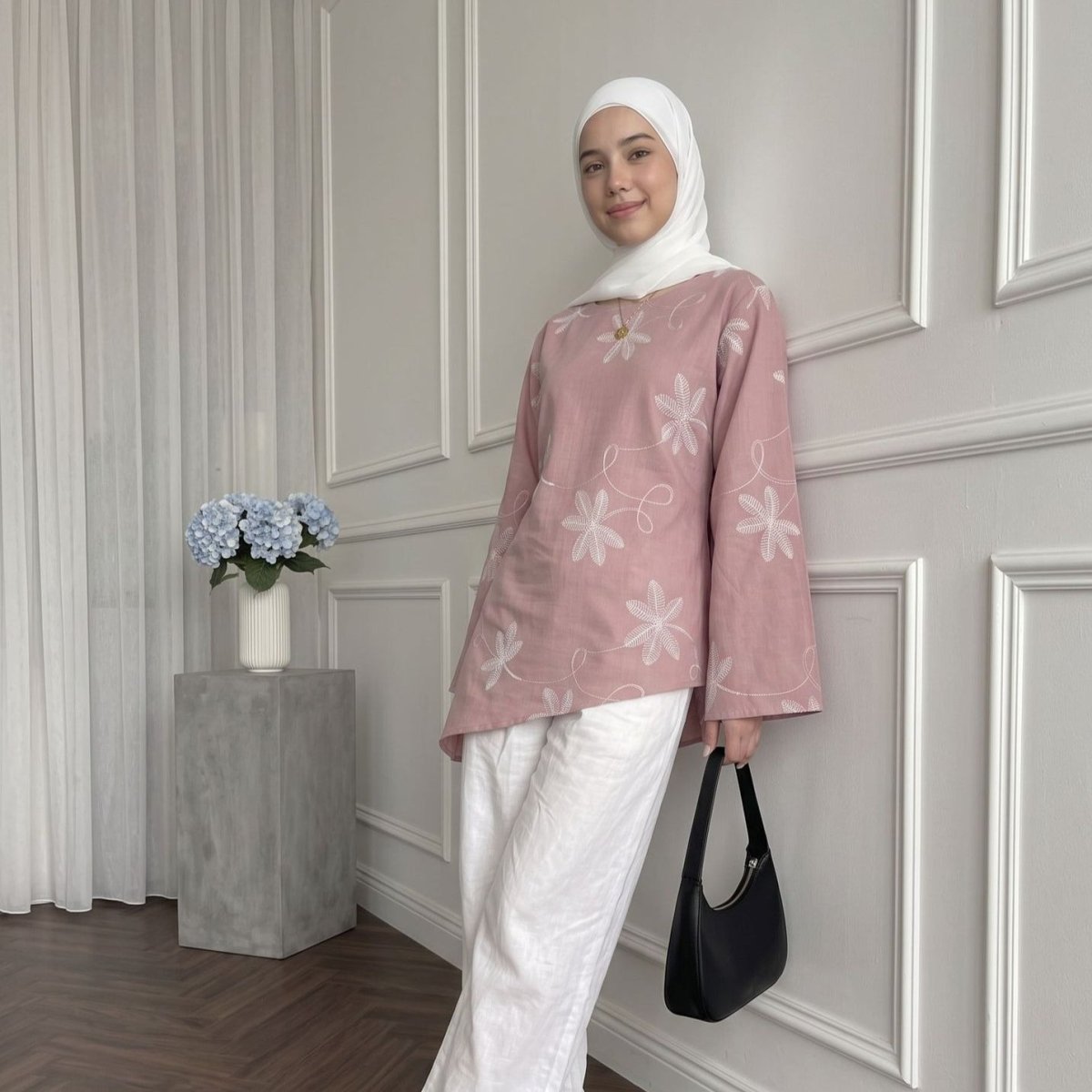Leaf & Floral Embroidered Flared-Sleeve Asymmetric Hem Top(MS485) - Mariam's Collection