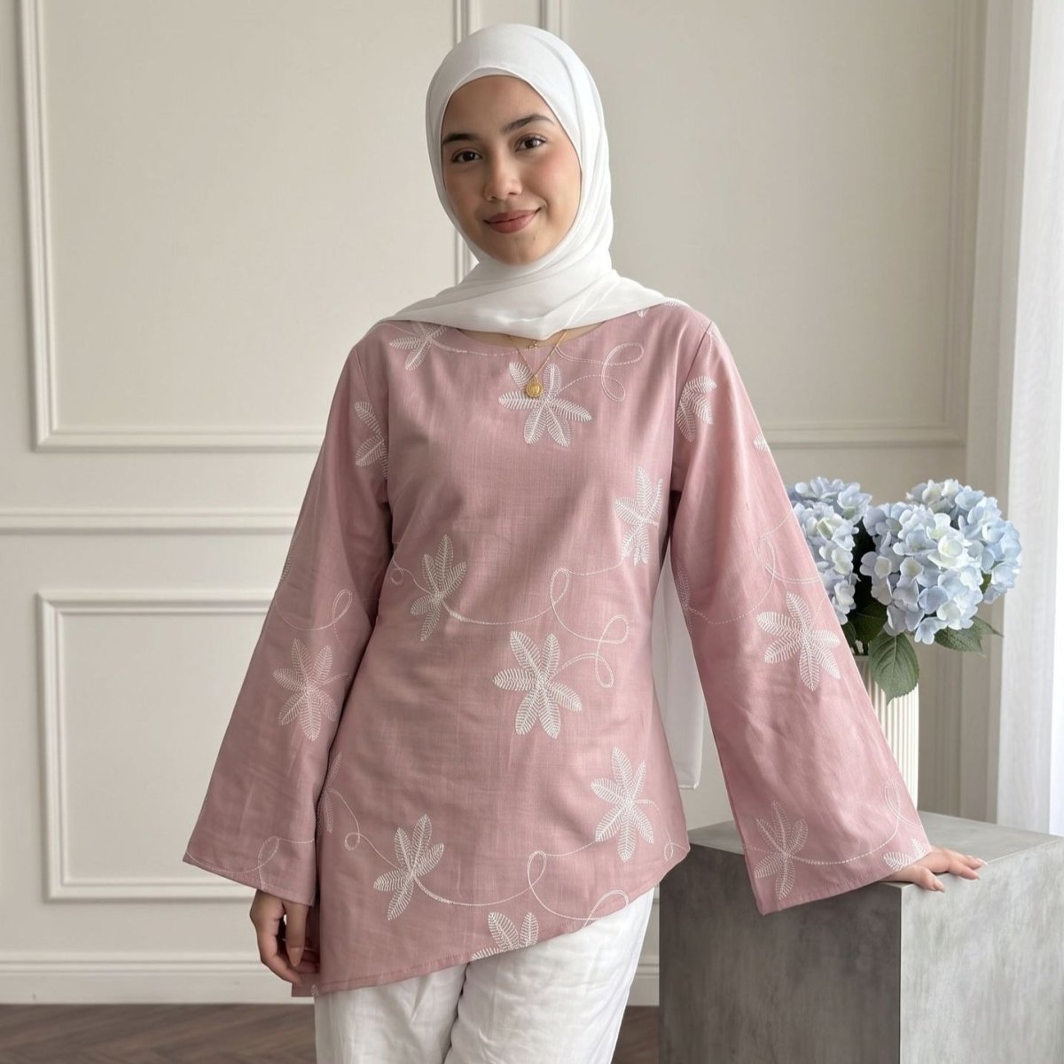 Leaf & Floral Embroidered Flared-Sleeve Asymmetric Hem Top(MS485) - Mariam's Collection