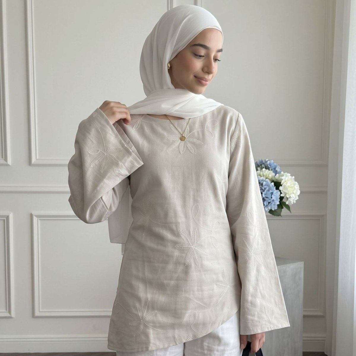 Leaf & Floral Embroidered Flared-Sleeve Asymmetric Hem Top(MS485) - Mariam's Collection