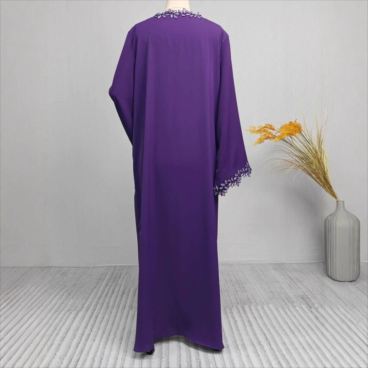 Leaf Lace Trim Abaya | Elegant Embroidered Open-Front Maxi Dress