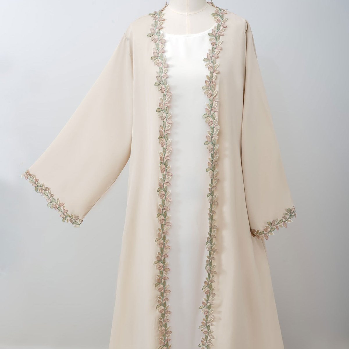 Leaf Lace Trim Abaya | Elegant Embroidered Open-Front Maxi Dress