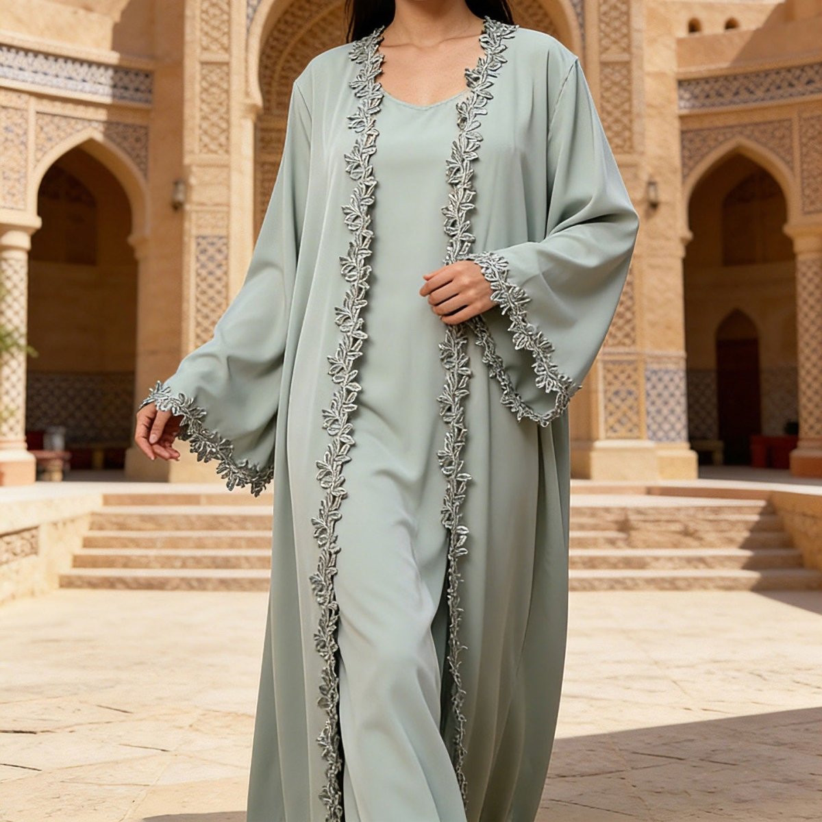 Leaf Lace Trim Abaya | Elegant Embroidered Open - Front Maxi Dress(MOA255) - Mariam's Collection