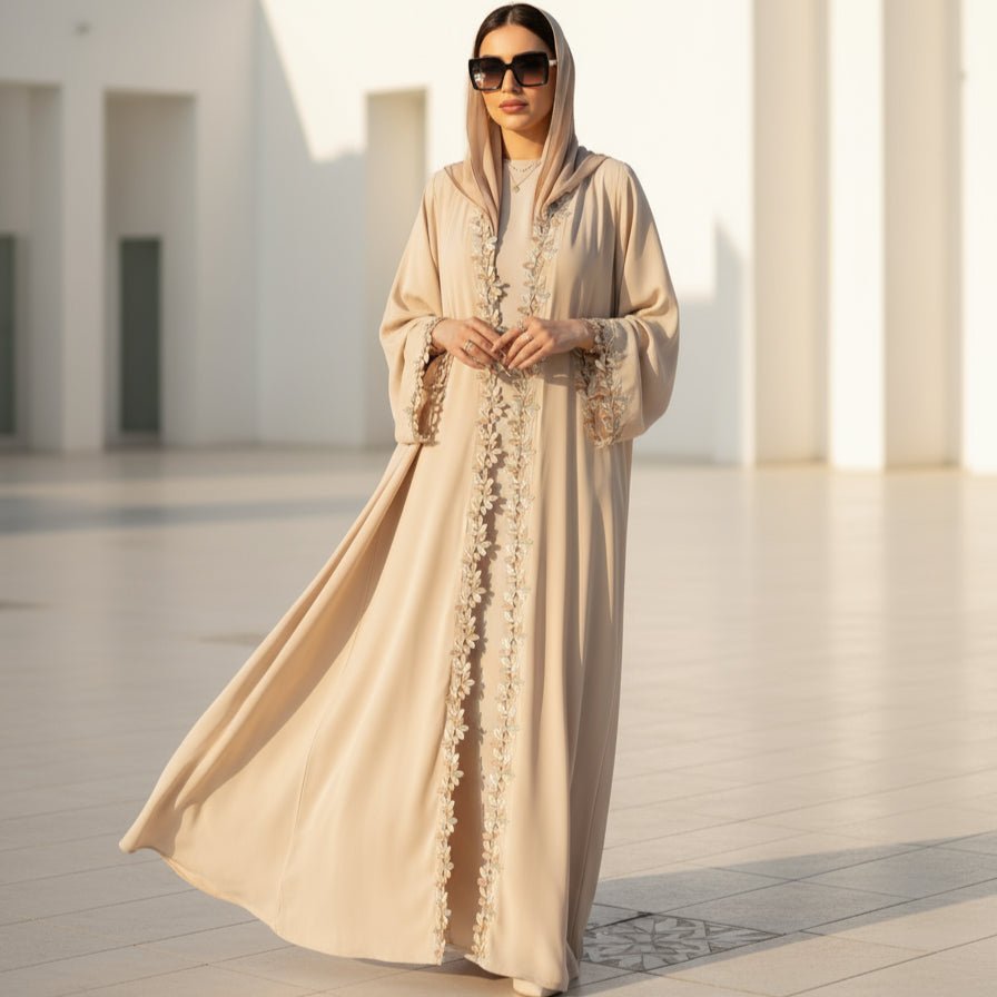 Leaf Lace Trim Abaya | Elegant Embroidered Open - Front Maxi Dress(MOA255) - Mariam's Collection