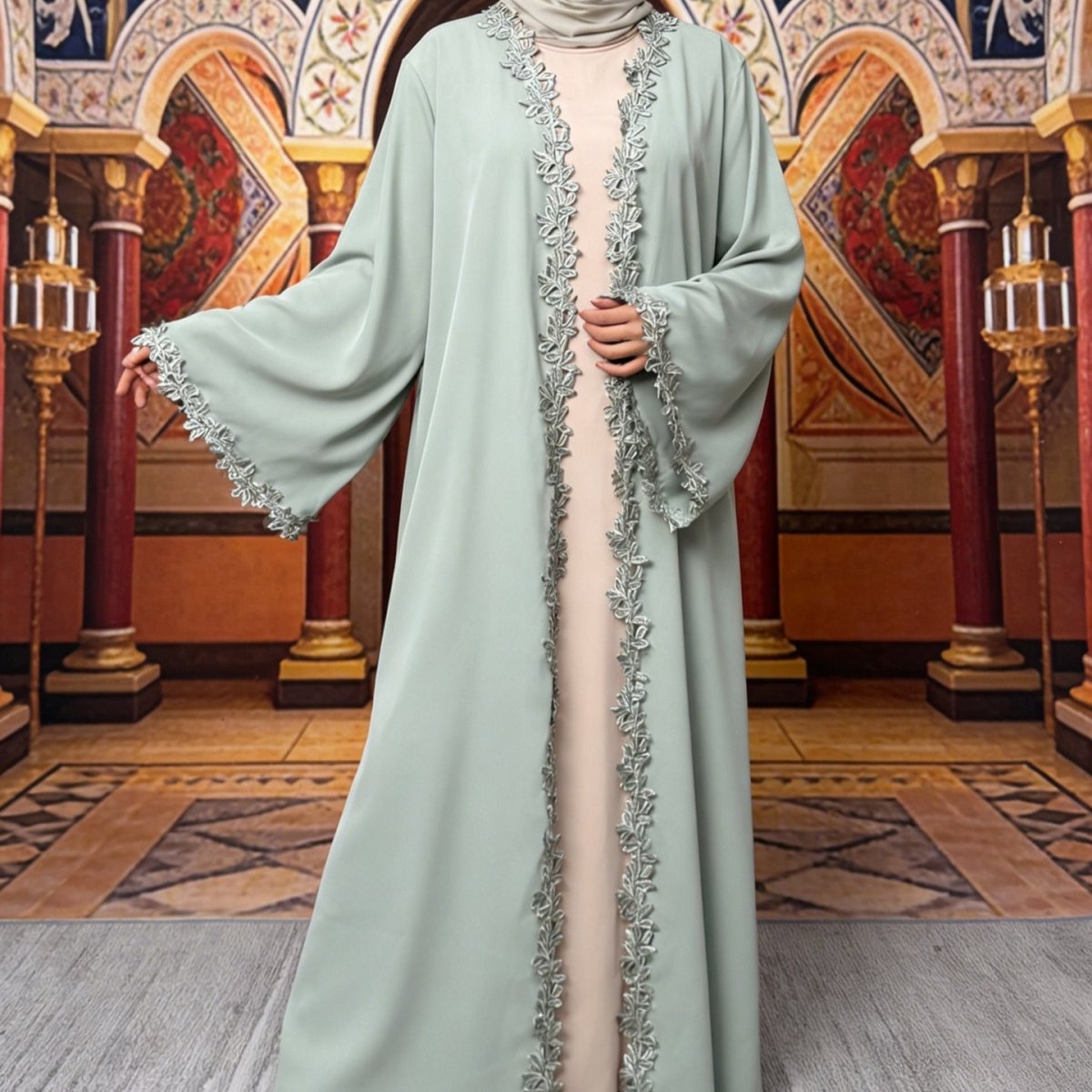 Leaf Lace Trim Abaya | Elegant Embroidered Open - Front Maxi Dress(MOA255) - Mariam's Collection