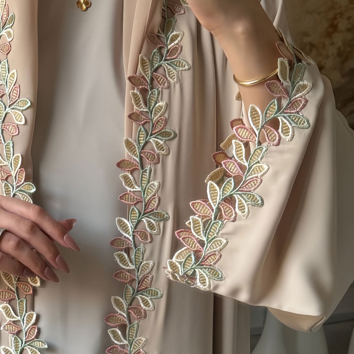 Leaf Lace Trim Abaya | Elegant Embroidered Open-Front Maxi Dress