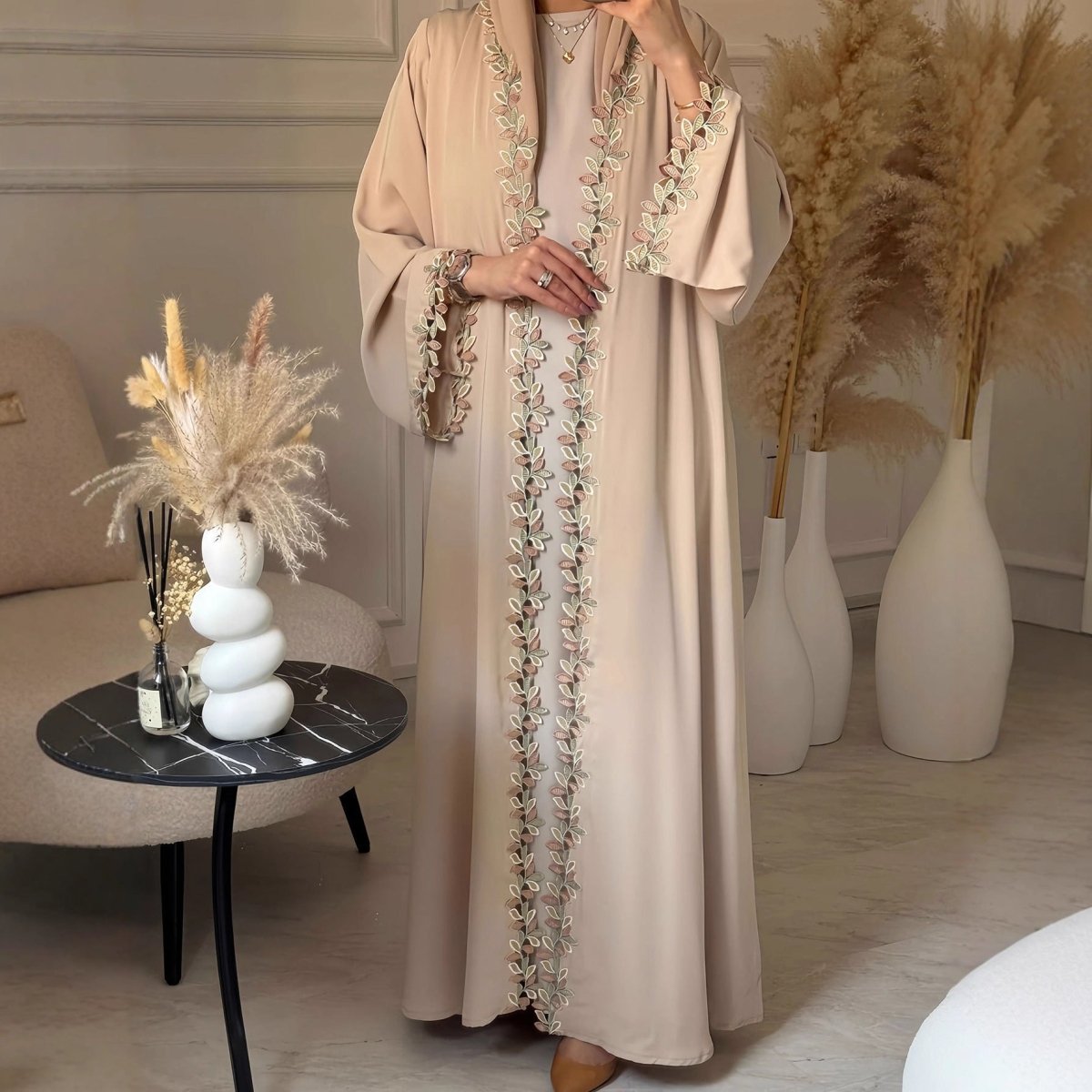 Leaf Lace Trim Abaya | Elegant Embroidered Open - Front Maxi Dress(MOA255) - Mariam's Collection