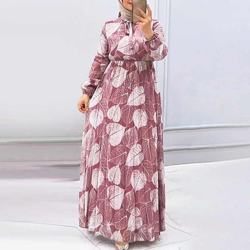 Leaf Print Chiffon Dress with Pleated Skirt(MA405) - Mariam's Collection