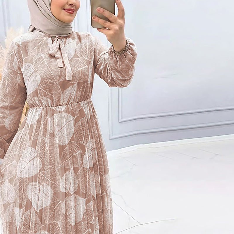 Leaf Print Chiffon Dress with Pleated Skirt(MA405) - Mariam's Collection