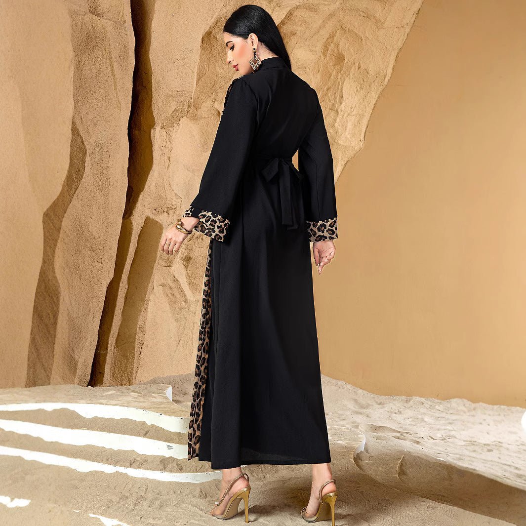 Leopard Print Colorblock Abaya | Deep V - Neck Belted Maxi Dress(MS213) - Mariam's Collection