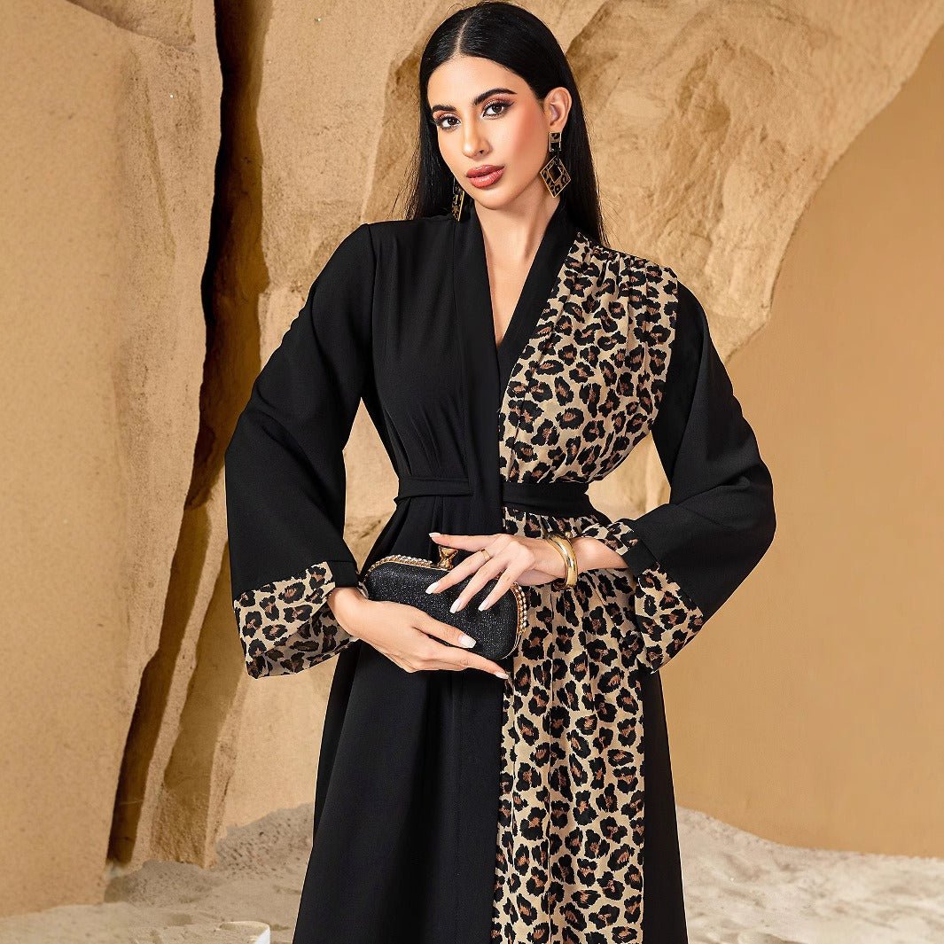 Leopard Print Colorblock Abaya | Deep V - Neck Belted Maxi Dress(MS213) - Mariam's Collection