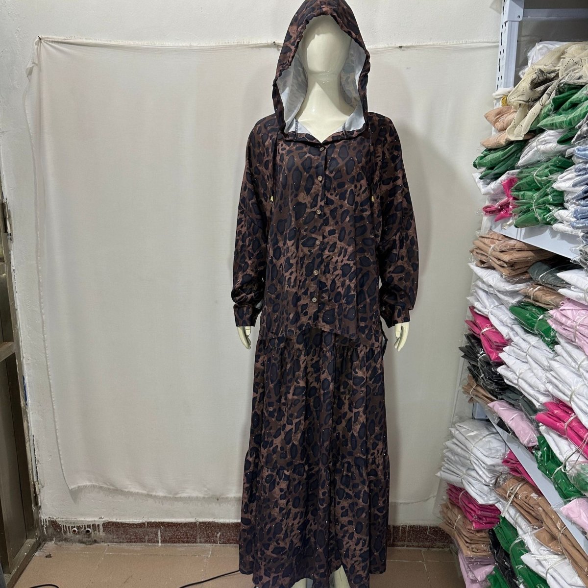 Leopard Print Hooded Shirt & Pleated Skirt Set(MS250) - Mariam's Collection