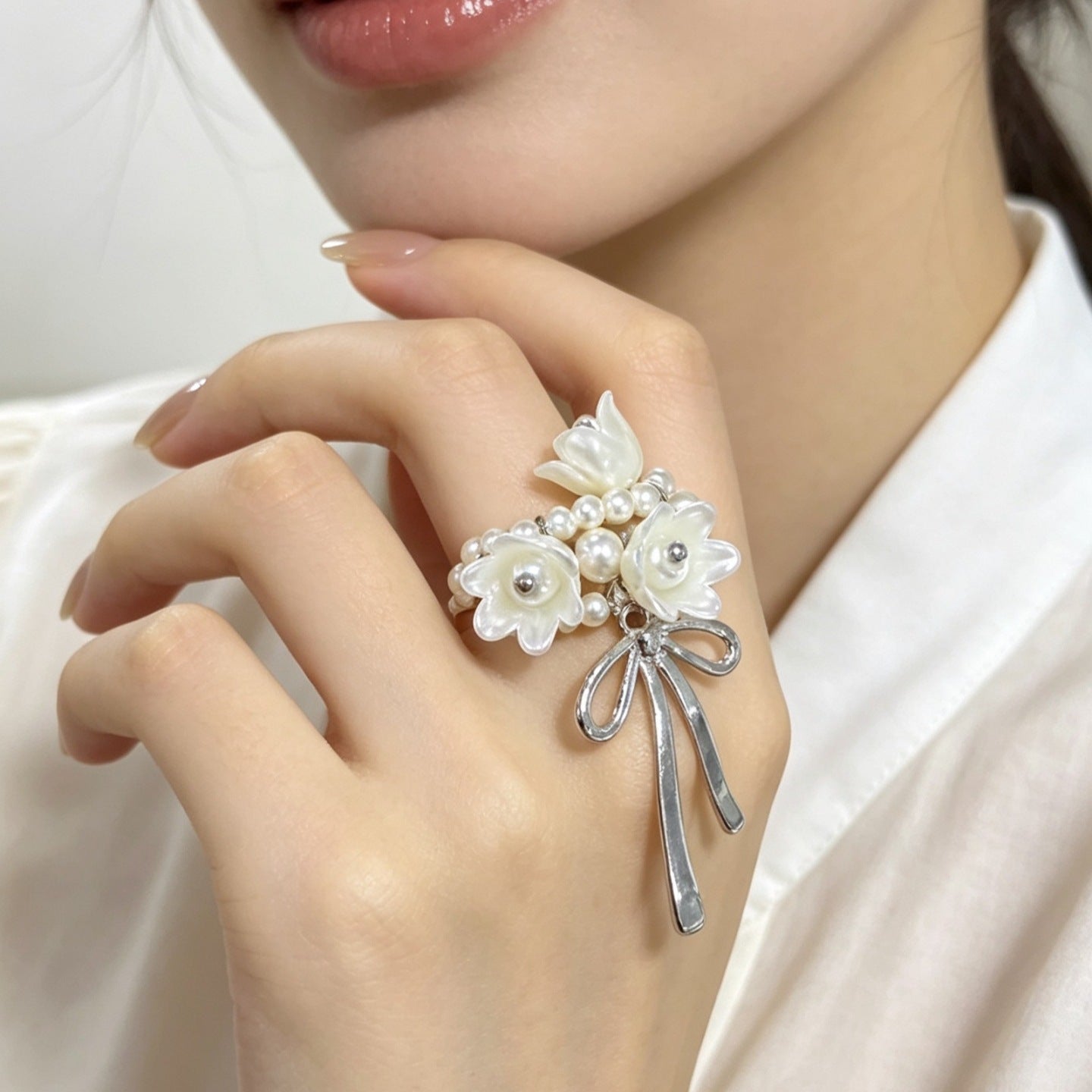 Lily of the Valley Pearl Bow Statement Ring | Adjustable Floral Ring（MAC482） - Mariam's Collection