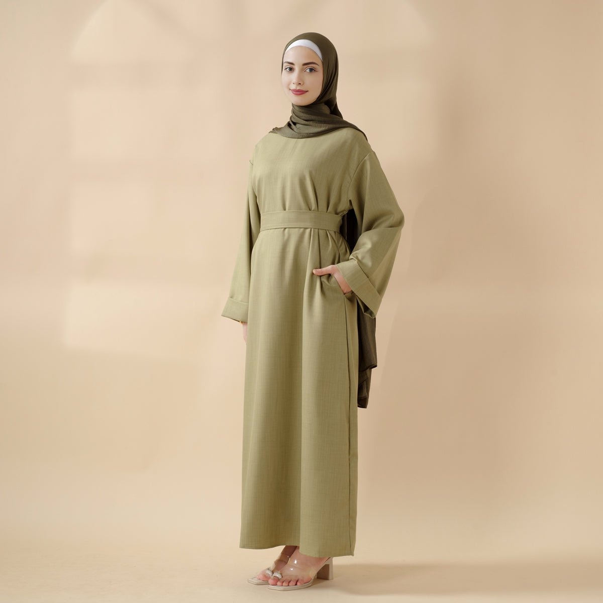 Linen Plain Abaya with Pockets 2 - Piece Set (MA043) - Mariam's Collection