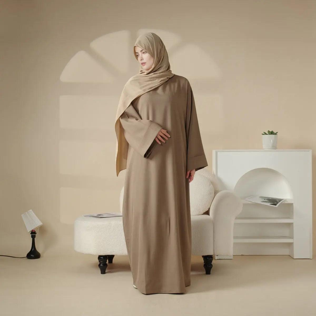 Linen Plain Abaya with Pockets 2 - Piece Set (MA043) - Mariam's Collection