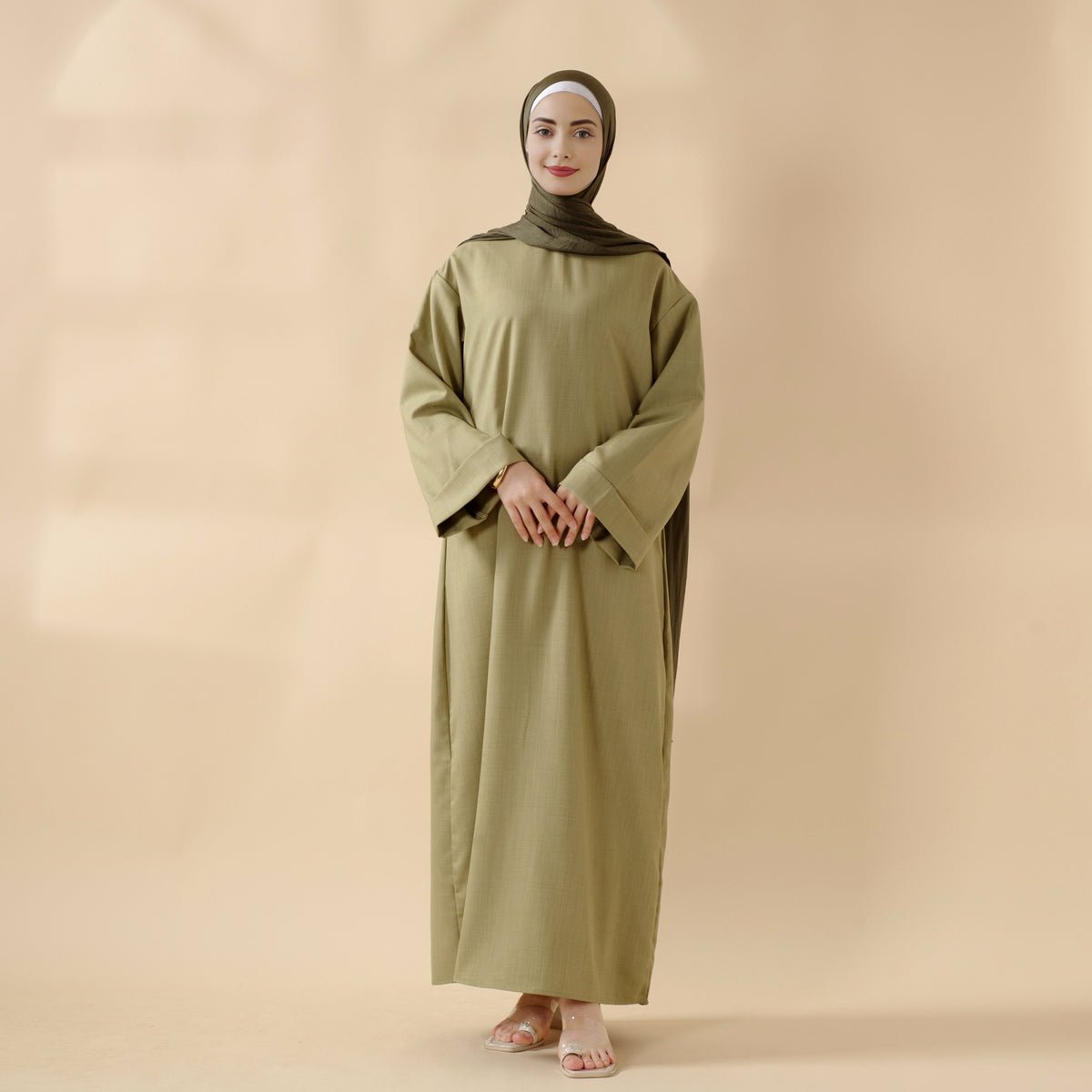 Linen Plain Abaya with Pockets 2 - Piece Set (MA043) - Mariam's Collection