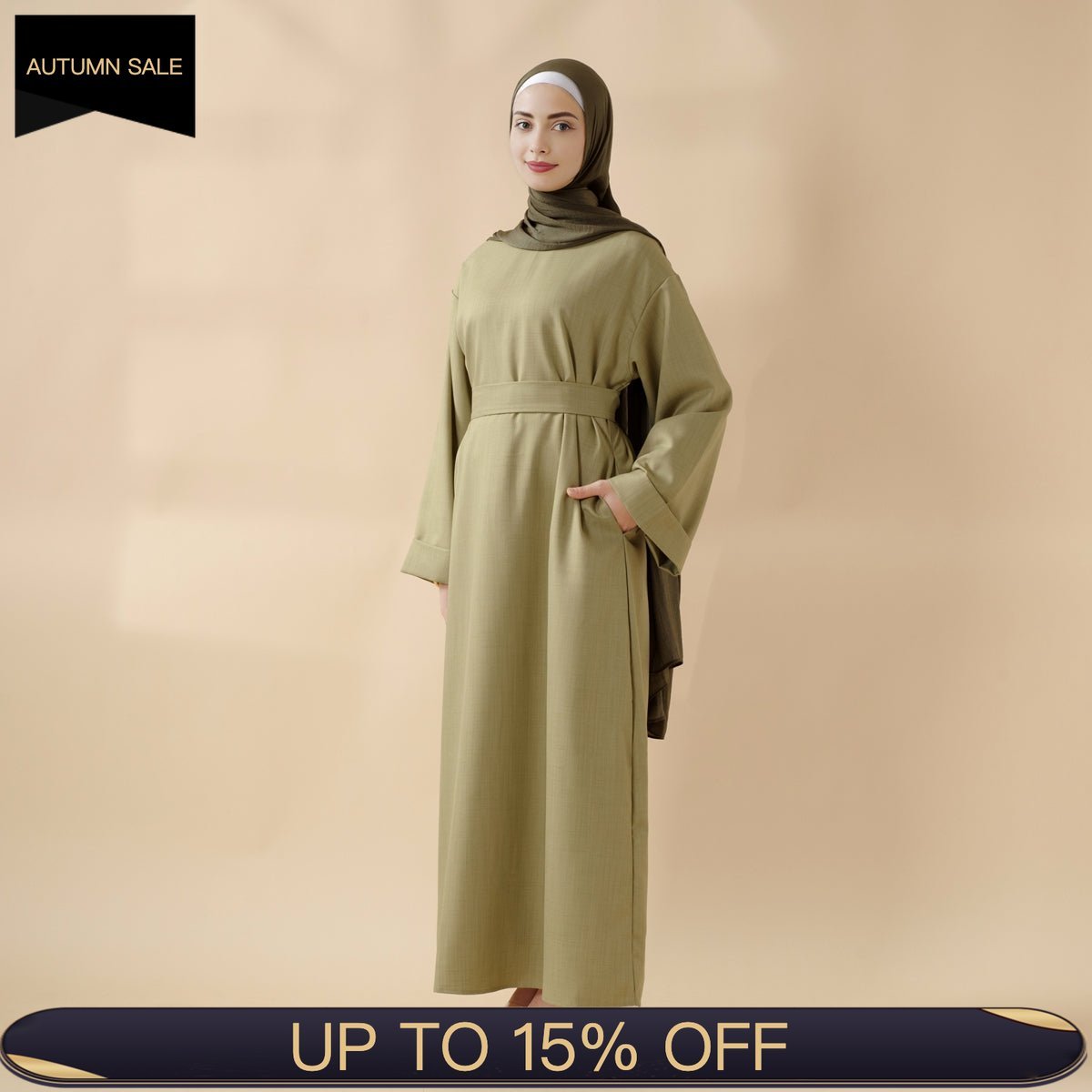 Linen Plain Abaya with Pockets 2 - Piece Set (MA043) - Mariam's Collection