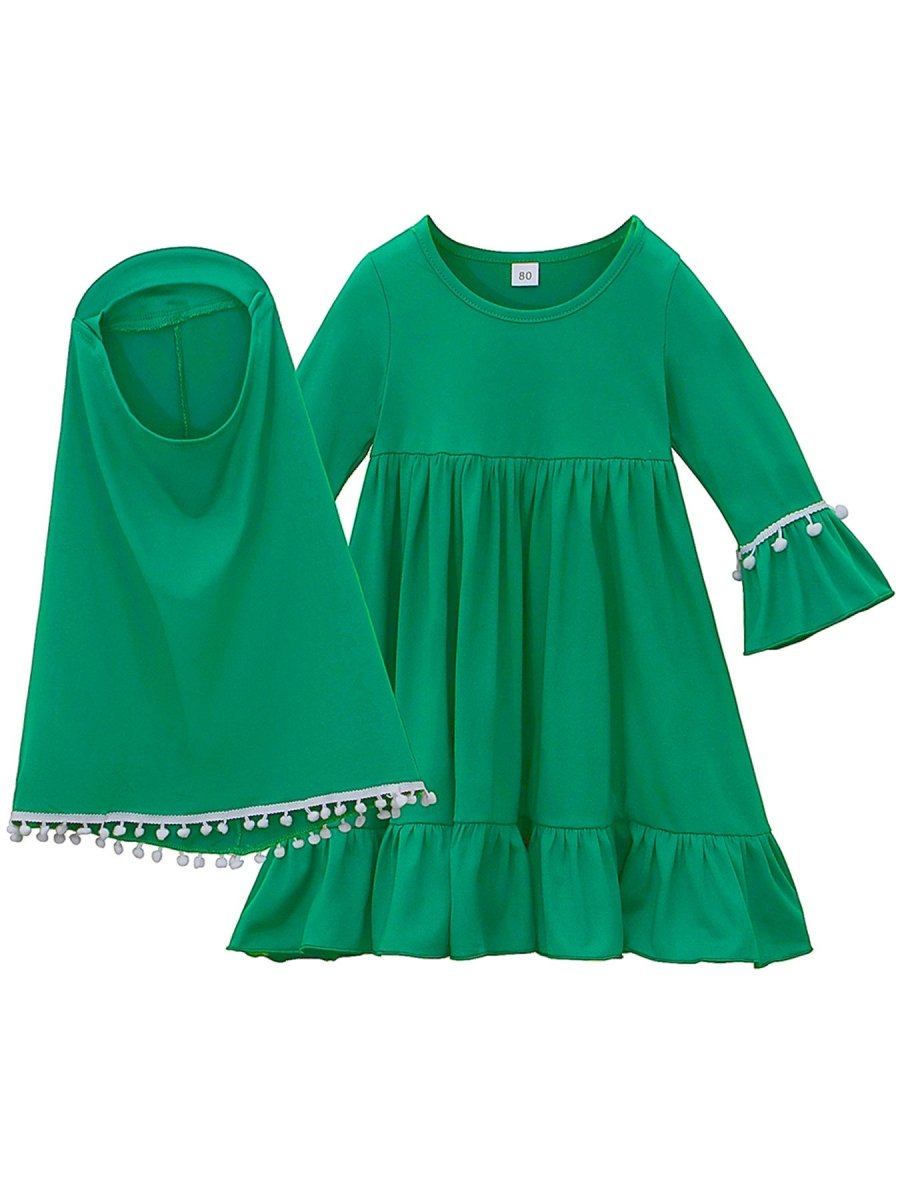 Little Muslimah Girls Dress & Hijab Set with Pom - Pom Trim (MKG028) - Mariam's Collection