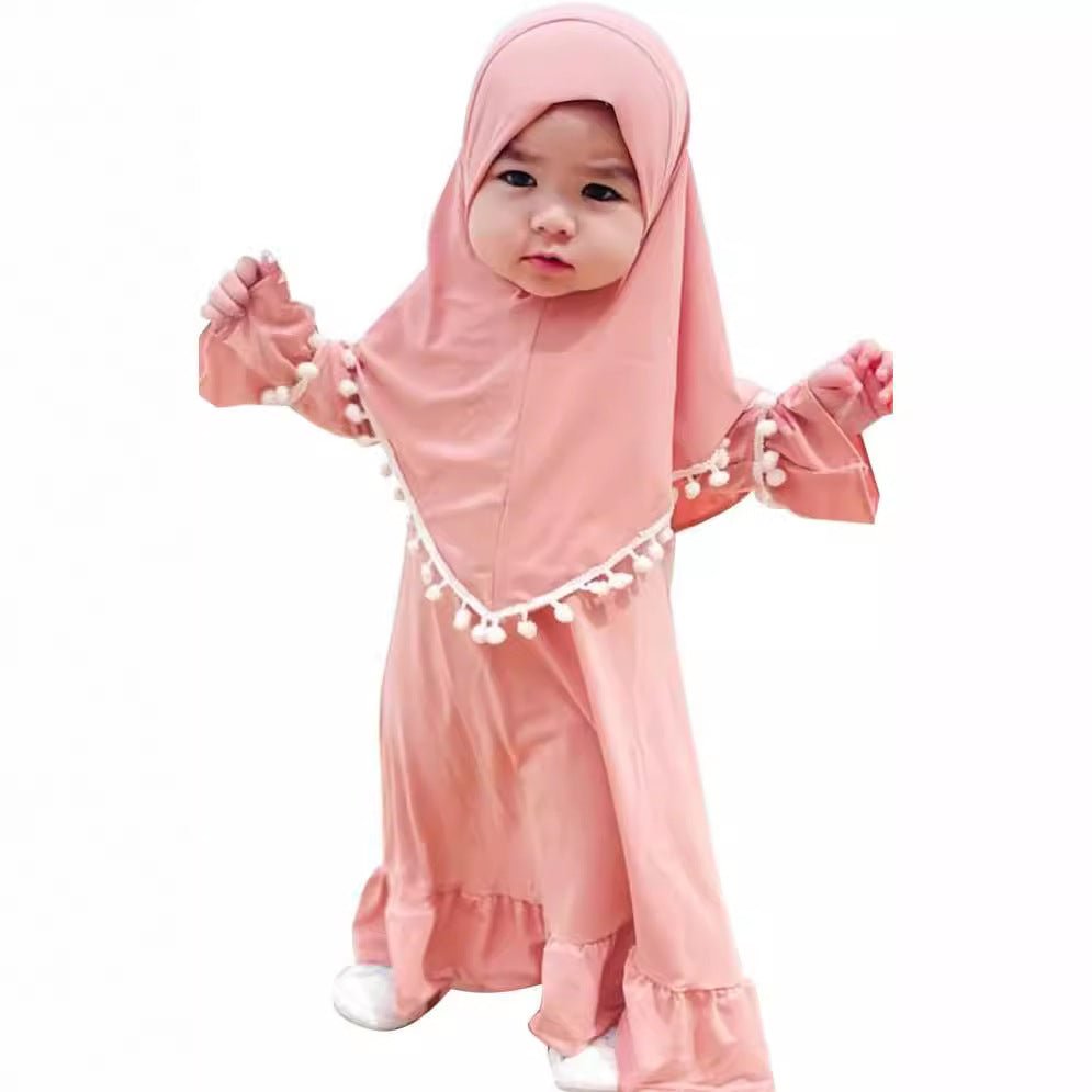 Little Muslimah Girls Dress & Hijab Set with Pom - Pom Trim (MKG028) - Mariam's Collection