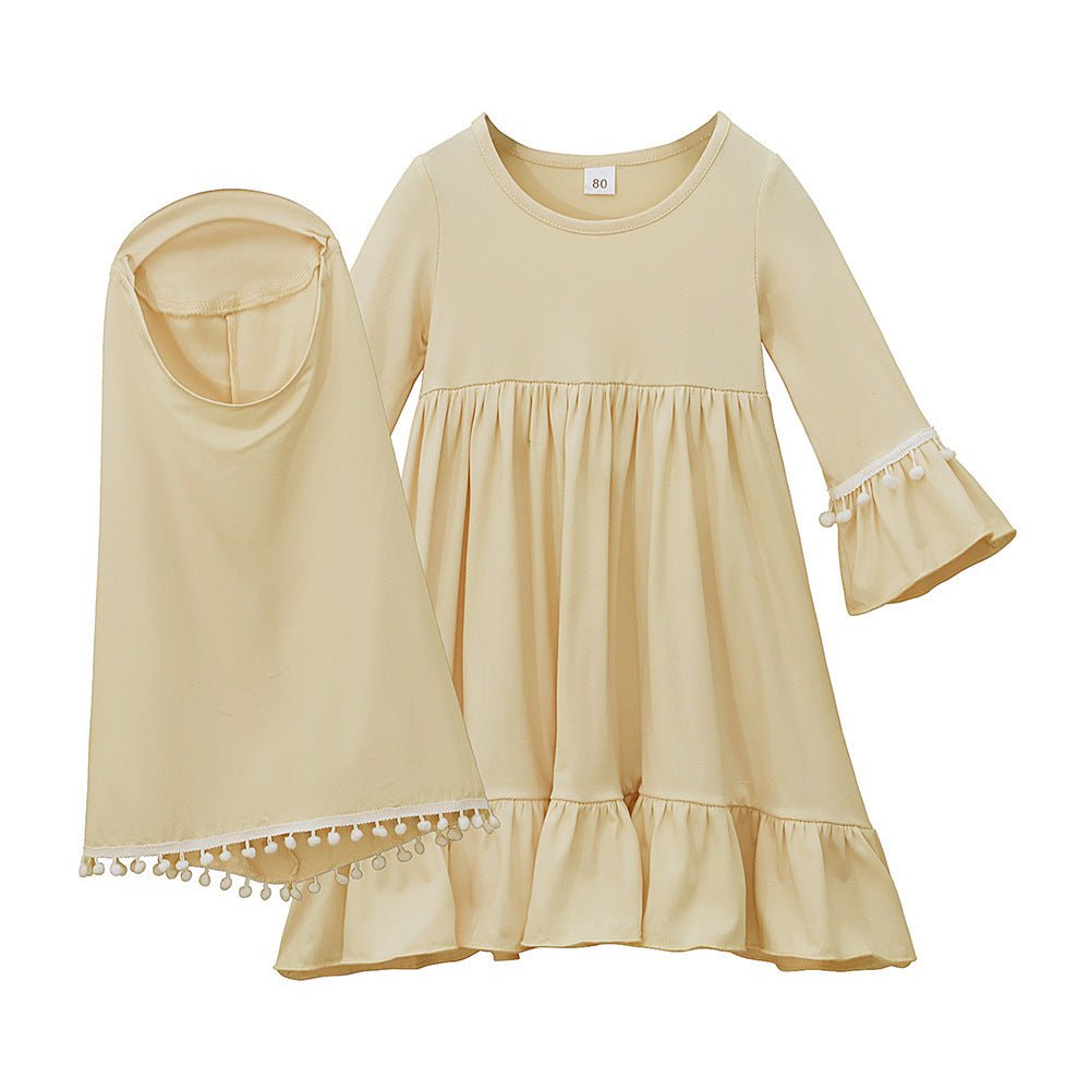 Little Muslimah Girls Dress & Hijab Set with Pom - Pom Trim (MKG028) - Mariam's Collection