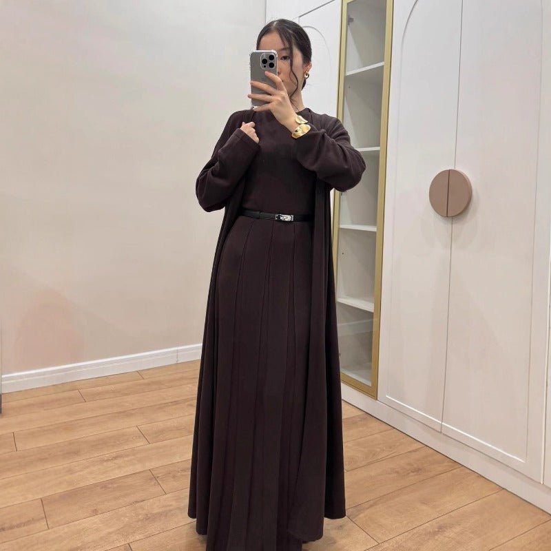 Long Open Cardigan & Pleated Dress Set(MS195) - Mariam's Collection