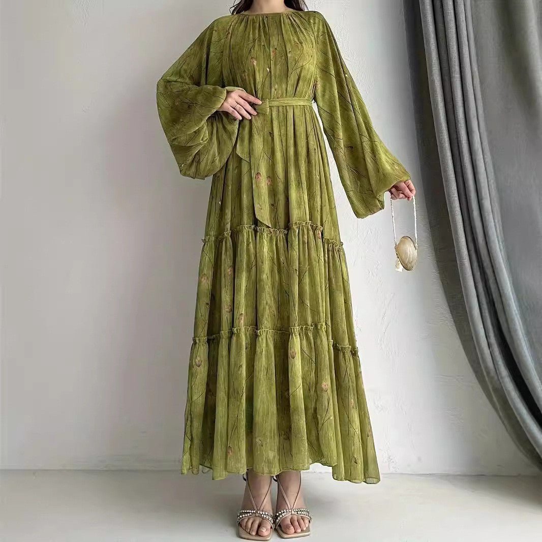 Long Sleeve Belted Chiffon Dress | Elegant Boho Peasant Gown(MA380) - Mariam's Collection