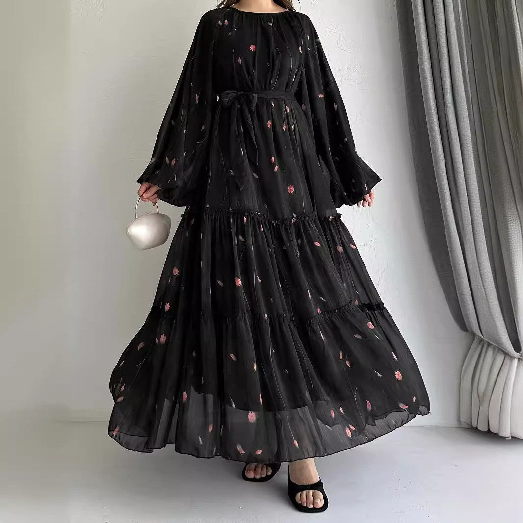 Long Sleeve Belted Chiffon Dress