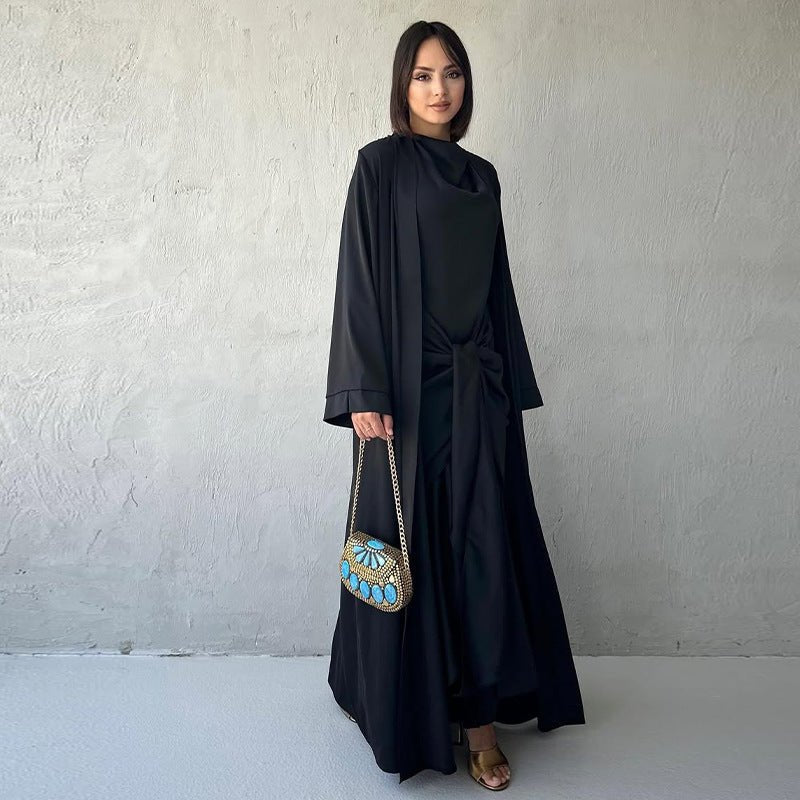 Long Sleeve Long Cardigan Solid Color Set - Modest Elegant Two - Piece Outfit with Belted Dress(MOA211) - Mariam's Collection