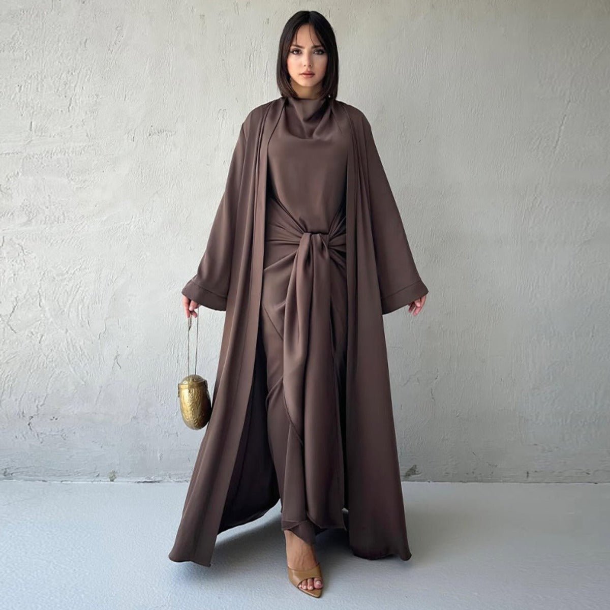 Long Sleeve Long Cardigan Solid Color Set - Modest Elegant Two - Piece Outfit with Belted Dress(MOA211) - Mariam's Collection