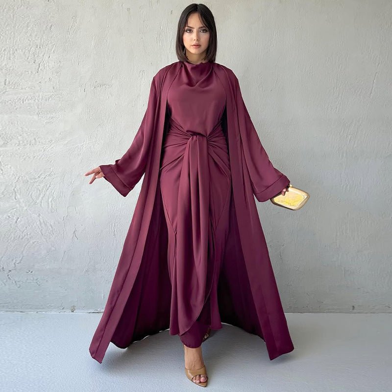 Long Sleeve Long Cardigan Solid Color Set - Modest Elegant Two - Piece Outfit with Belted Dress(MOA211) - Mariam's Collection