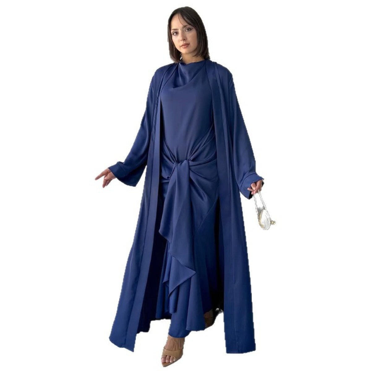 Long Sleeve Long Cardigan Solid Color Set - Modest Elegant Two - Piece Outfit with Belted Dress(MOA211) - Mariam's Collection