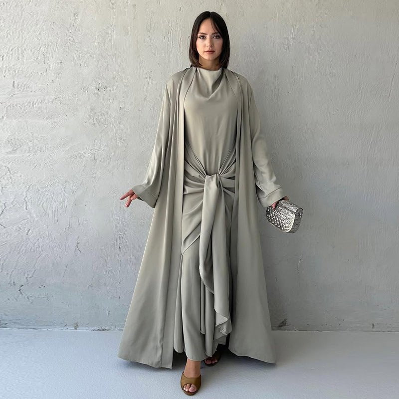 Long Sleeve Long Cardigan Solid Color Set - Modest Elegant Two - Piece Outfit with Belted Dress(MOA211) - Mariam's Collection