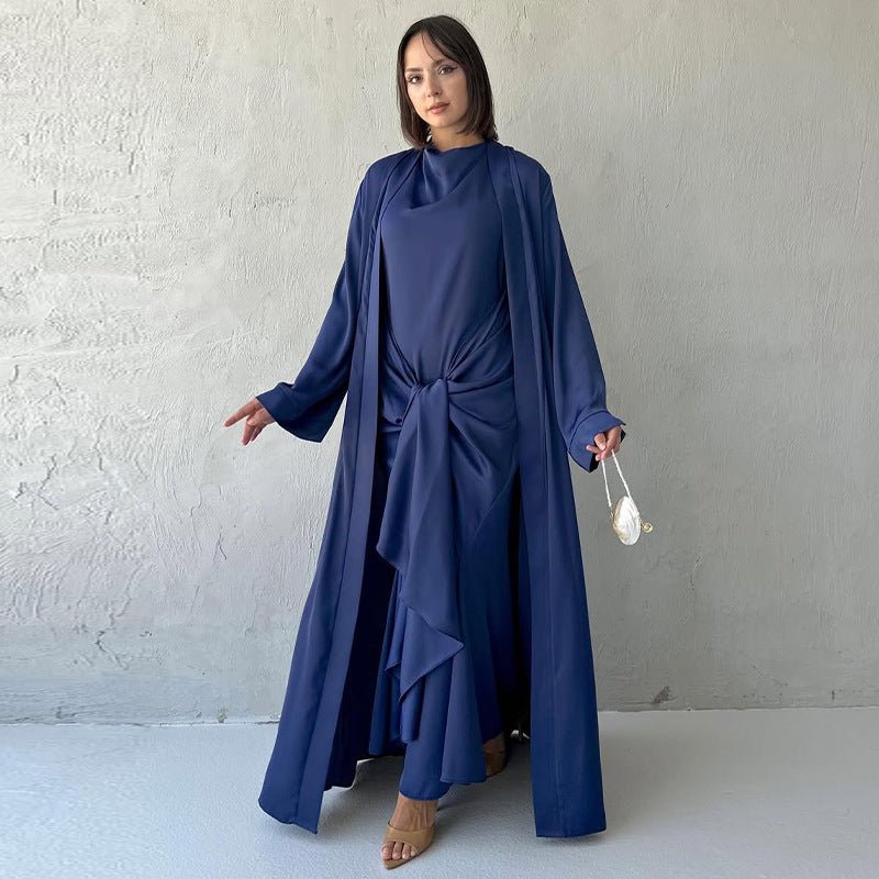 Long Sleeve Long Cardigan Solid Color Set - Modest Elegant Two - Piece Outfit with Belted Dress(MOA211) - Mariam's Collection