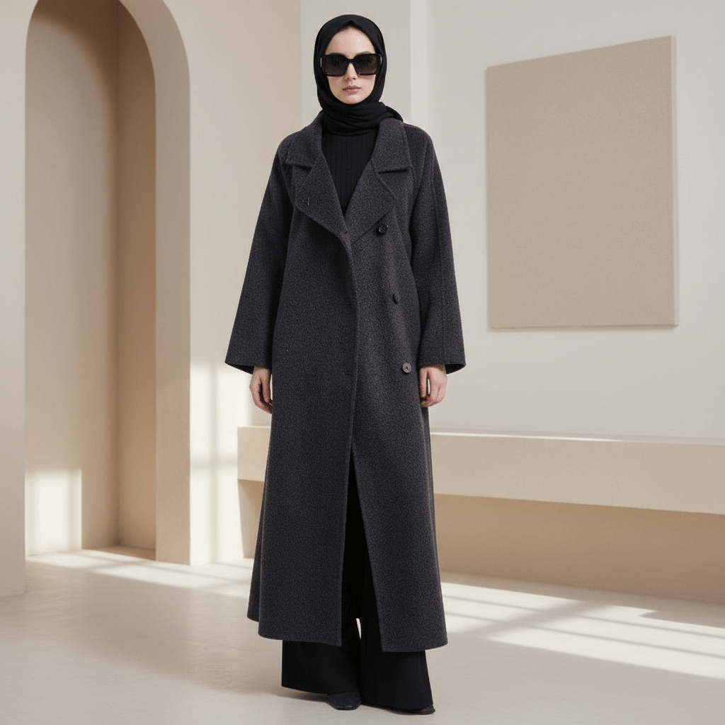 Long Wool Blend Trench Coat Abaya | Double - Breasted Belted Overcoat(MS188) - Mariam's Collection