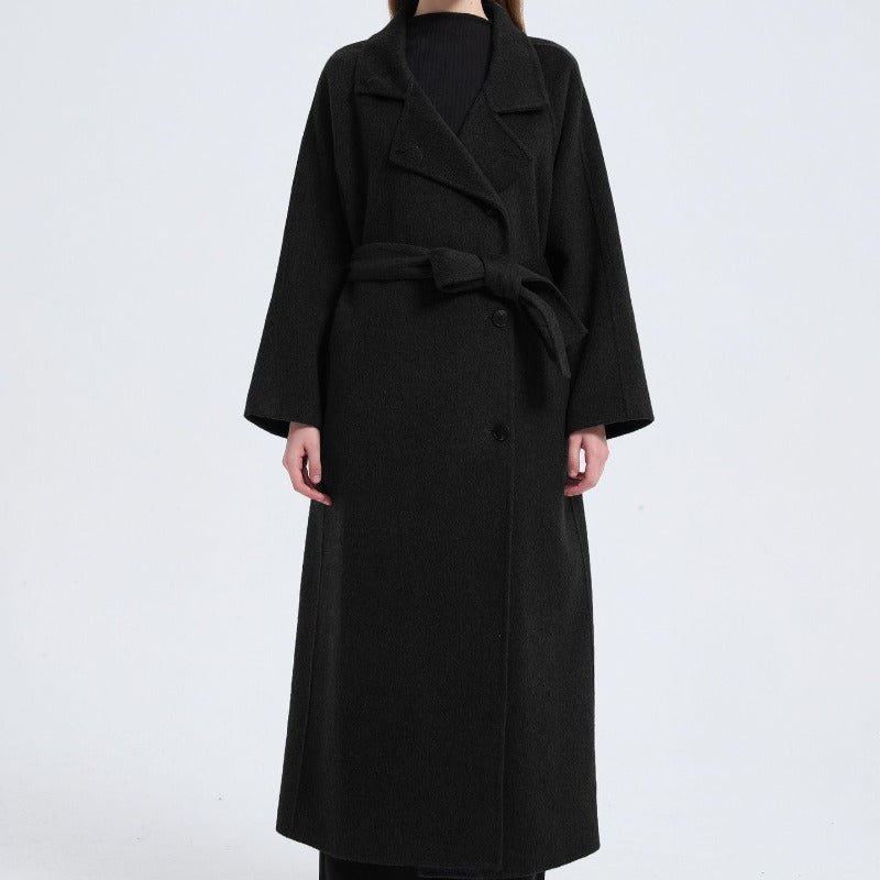 Long Wool Blend Trench Coat Abaya | Double-Breasted Belted Overcoat(MS