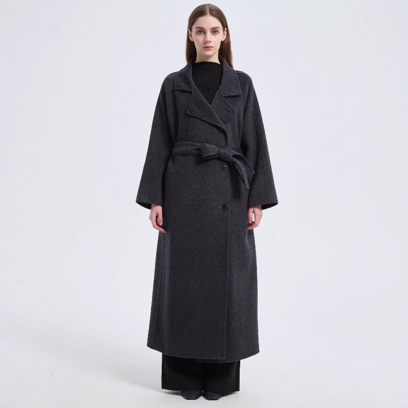 Long Wool Blend Trench Coat Abaya | Double-Breasted Belted Overcoat(MS