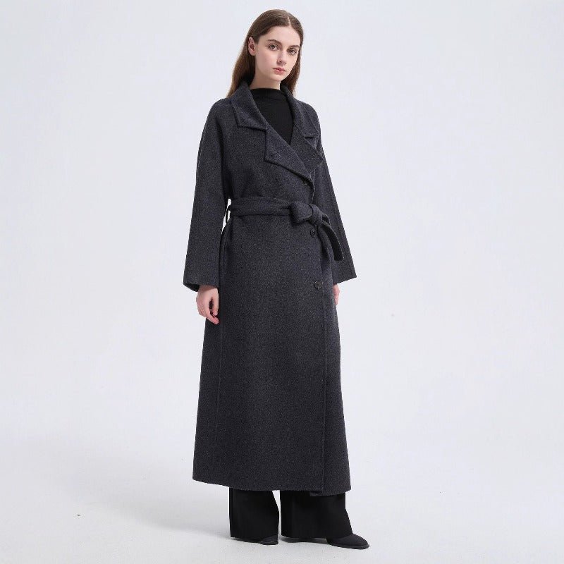 Long Wool Blend Trench Coat Abaya | Double - Breasted Belted Overcoat(MS188) - Mariam's Collection